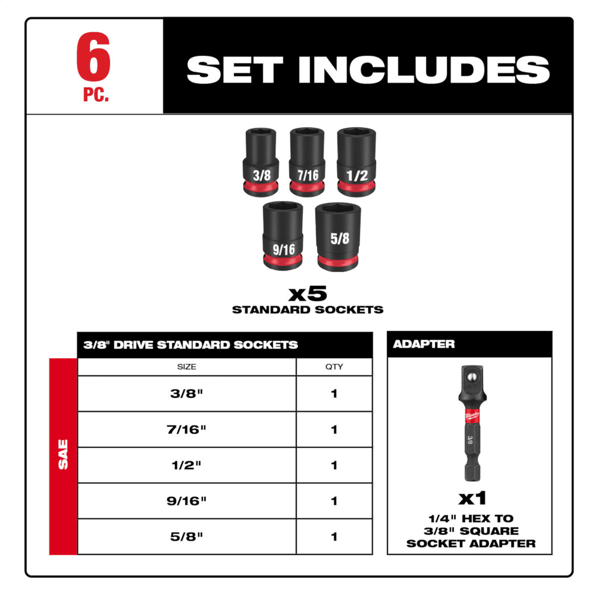 Milwaukee Tool 6PC SHOCKWAVE Impact Duty 3/8" Drive SAE Standard Socket Set