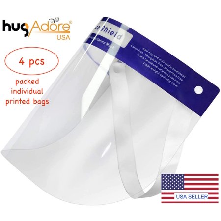 Unisex Face Shields. Pack of 4. Individually packed  in printed zipper bags. Transparent Visor-Anti Splash-Anti Fogging-Super soft forehead sponge. Certified by Eurofins ( Europe)