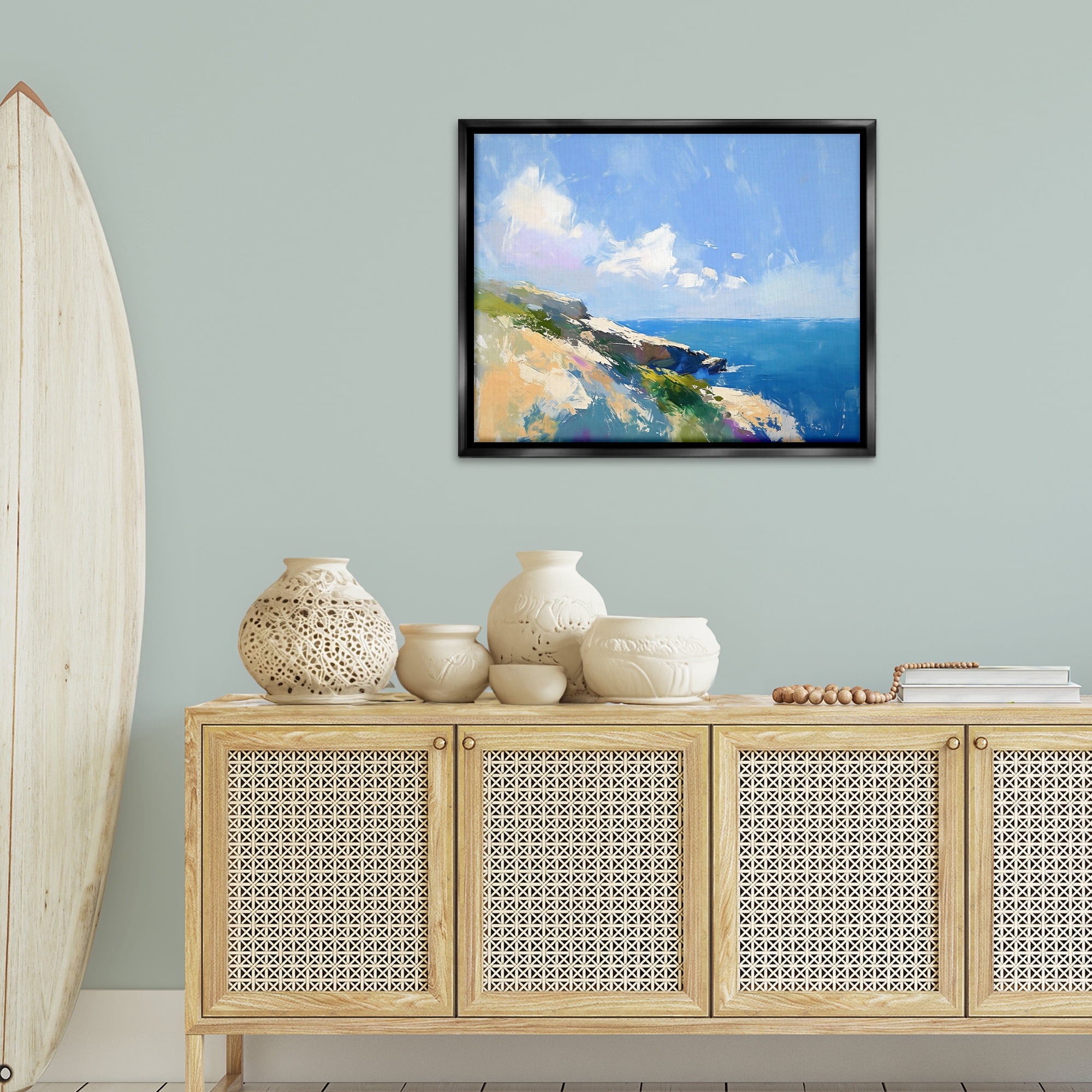 Stupell Industries Rugged Coastline Landscape Coastal Painting Black Floater Framed Canvas Art Print Wall Art, 31 x 25