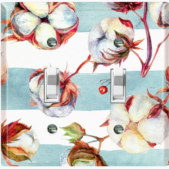 Metal Light Switch Plate Cover Cotton Flower Teal Stripes FLW021