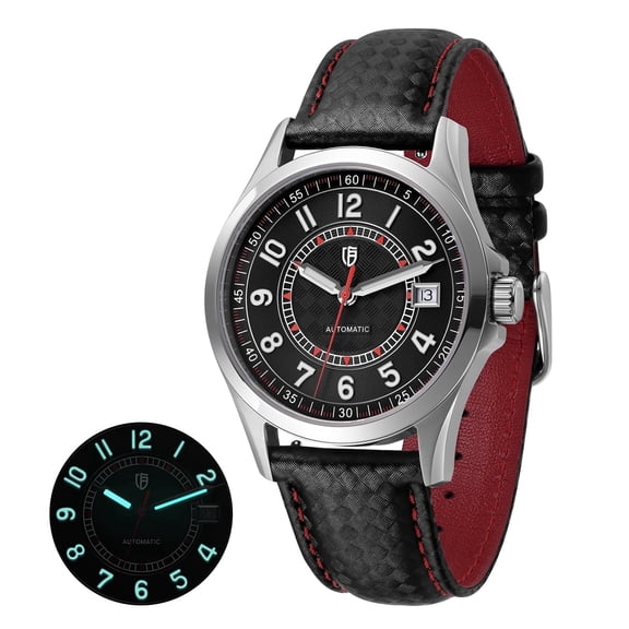 BERNY Men's Automatic Watch, Leather Strap Mechanical Watch with Date, Super Luminous, Sapphire Crystal, 10ATM Waterproof, Fashion Casual Wristwatch for Men (Red)
