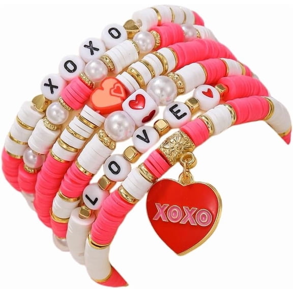 Valentine's day Bracelets for Women Heishi Surfer Clay Bead Bracelet Set Love Heart Stackable Bracelets Cute Pink Red Birthday Accessories Jewelry Gifts