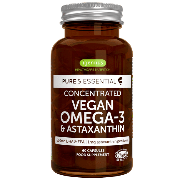 Pure & Essential Vegan Omega 3 DHA EPA 600mg, Algae Oil 1340mg & Astaxanthin, 60 Softgels