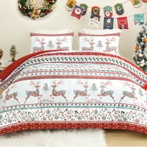 Exclusivo Mezcla Christmas King Size Comforter Set, 3 Pieces Reversible Rust Red Striped Bedding Comforters, Printed Flowers Reindeer Pattern