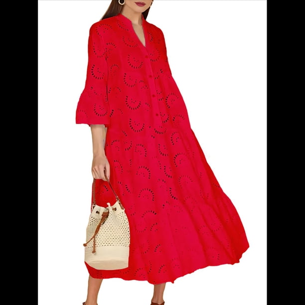 Vestido Bohemio con Cuello en V, Mangas Acampanadas y Bordado de Encaje para Mujer (2025) Rojo S