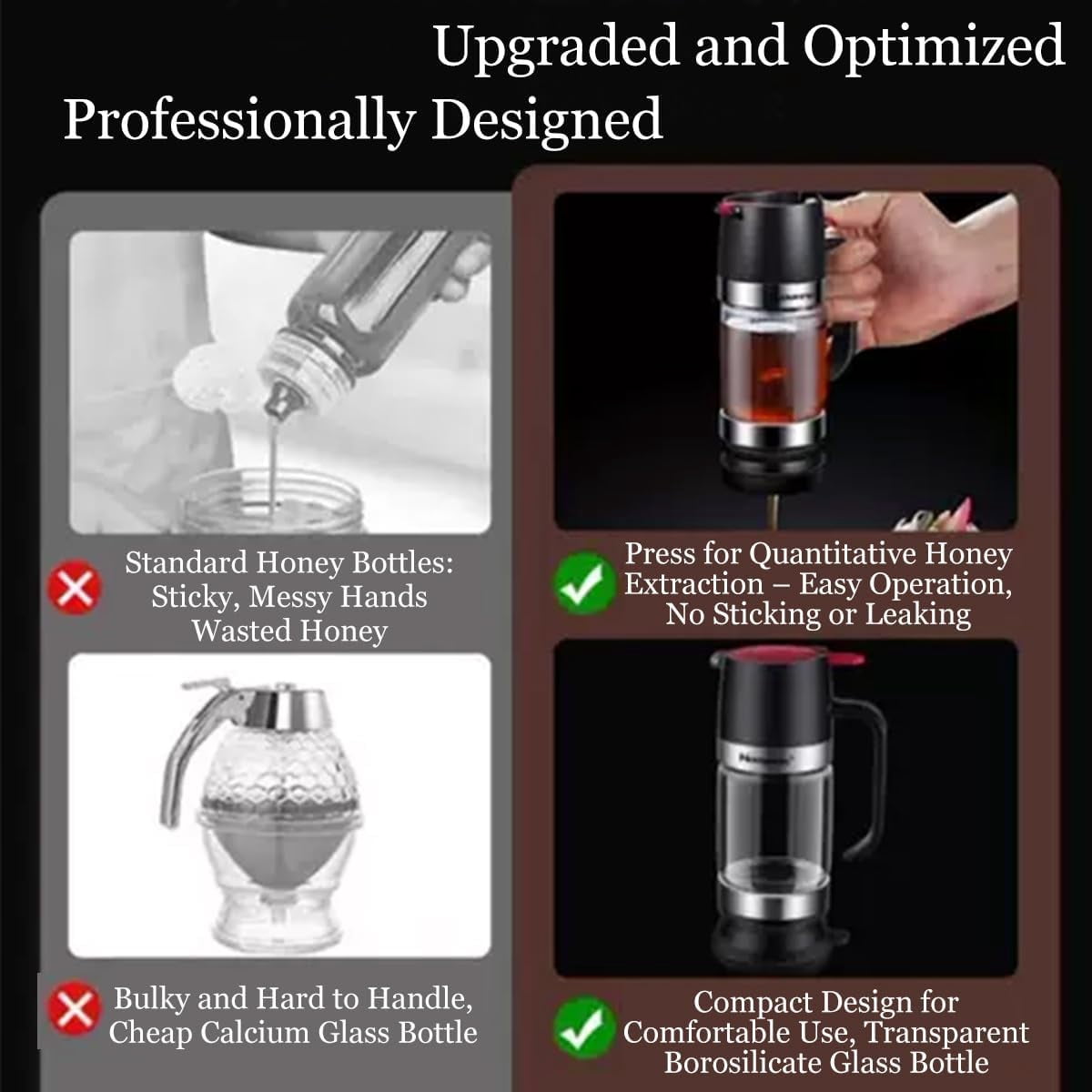 12oz Glass Honey Dispenser with Base – No-Drip, Easy-Pump Design for Mess-Free Pouring, Honey Container with Handle, Ideal for Syrup & Jam