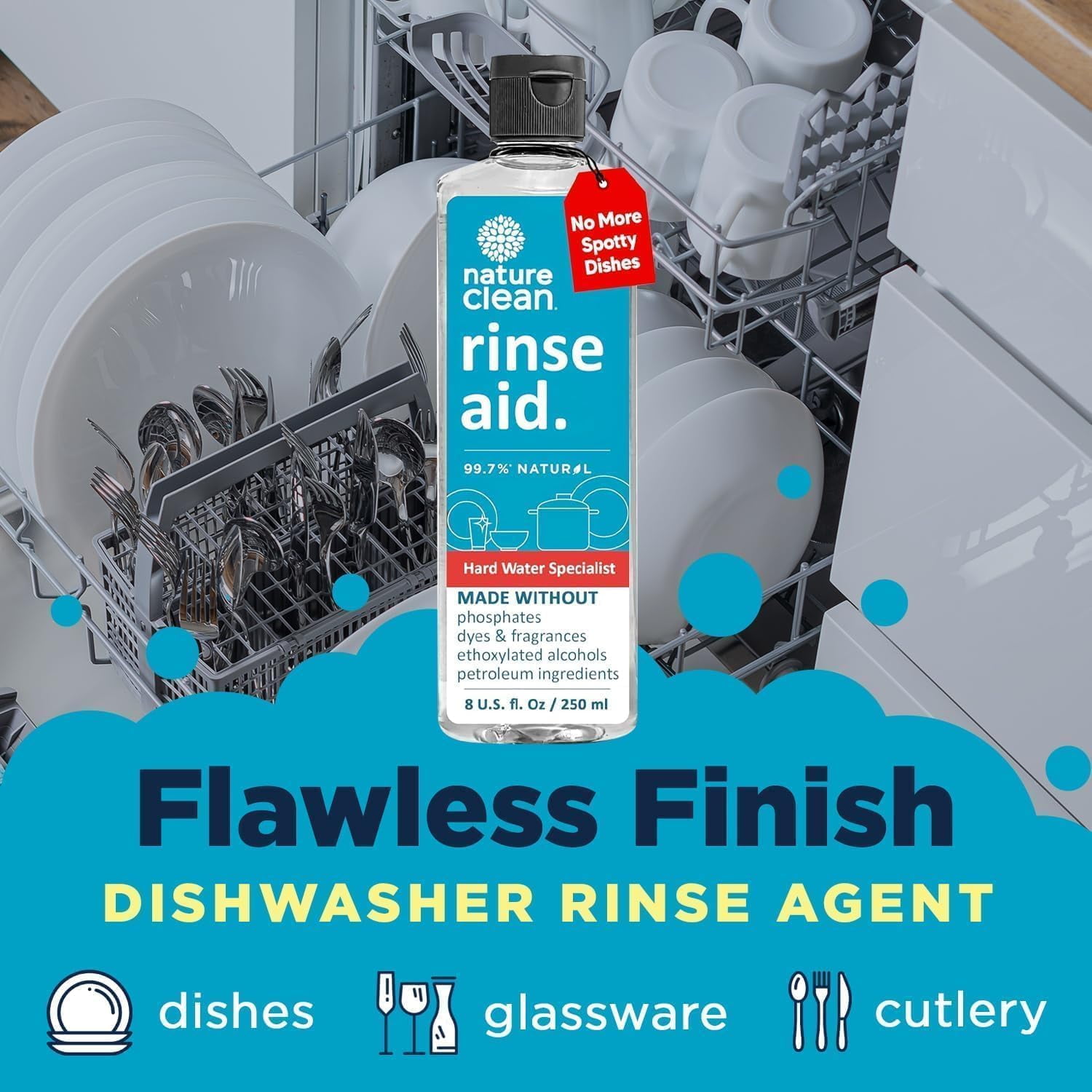 All Natural Dishwasher Rinse Aid Cleaner, Liquid Agent Spot-Free Glass & Cutlery in Hard Water, Non-Toxic Dish Washer Drying Stain Remover, 8 oz/250ml, Pack of 1