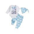 thumbnail image 1 of SUNSIOM Baby Boys Girls Spring Outfits Bunny Letter Pattern Crew Neck Long Sleeve Rompers with Pants Hats 3 Pcs Set for Easter, 1 of 6