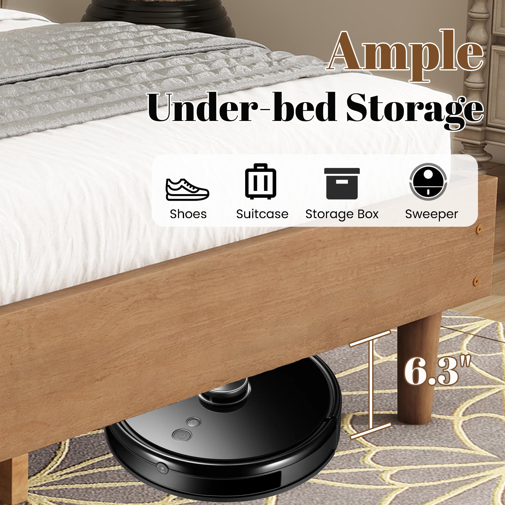 Wood King Size Bed Frame, Platform Bed King with Solid Rubber Wood Legs, Tall Upholstered Tufted Headboard, Wheat