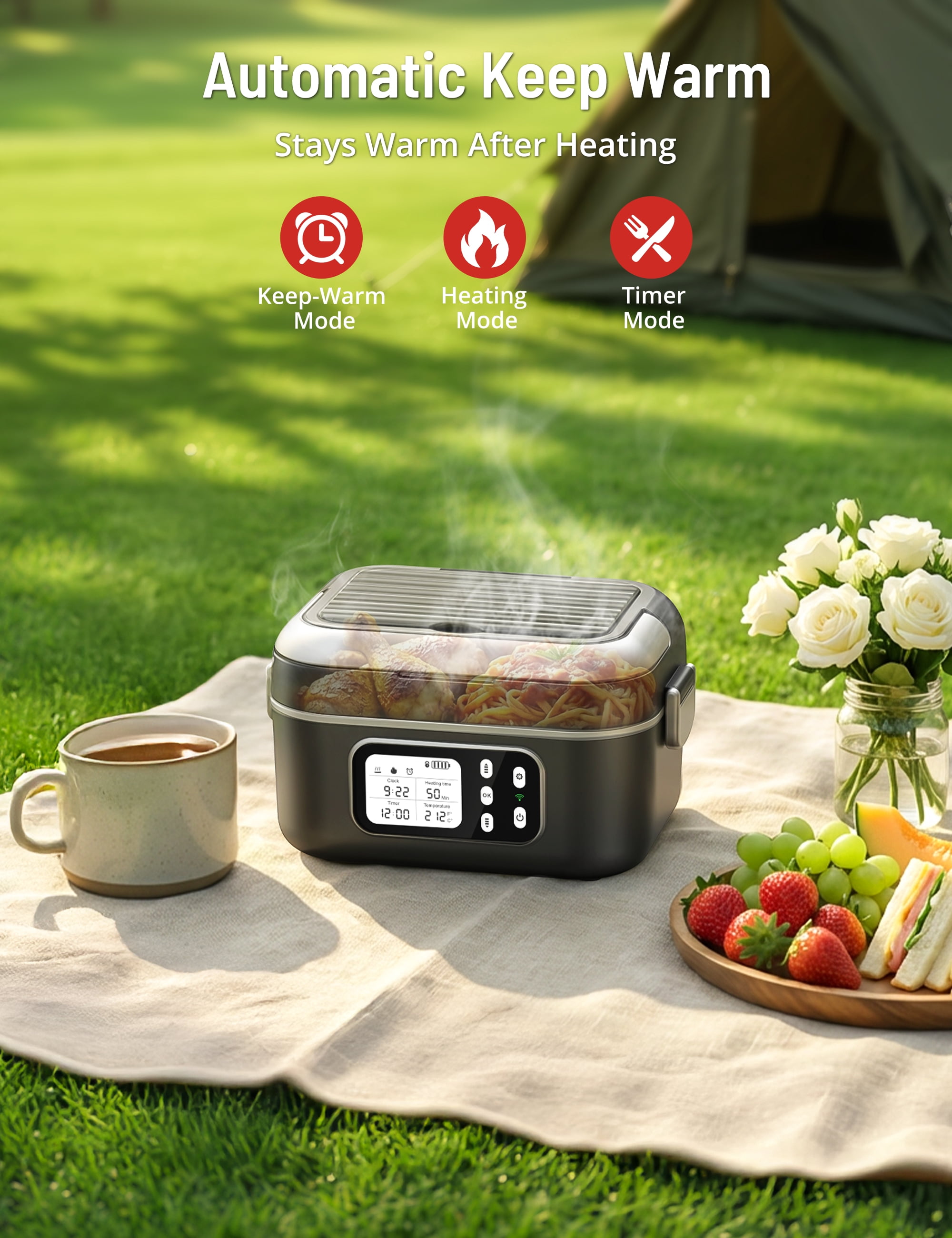Cordless Electric Lunch Box for Adults,1.5L & 27000mAh Heated Lunch Box Battery Powered with Automatic Heating, 6 Cups Portable Food Warmer with Removable Tray Divider