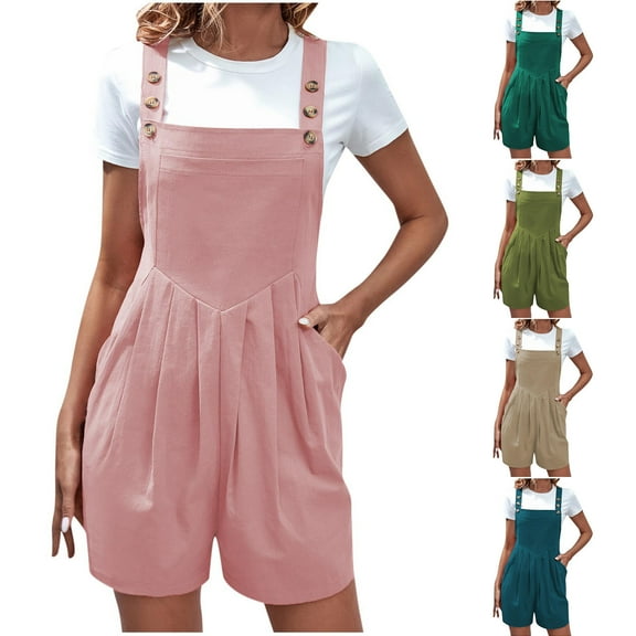 Feancey Womens Summer Overall Shorts Button Straps Loose Rompers Cotton Casual Solid Color Jumpsuits with Pockets Army Green S