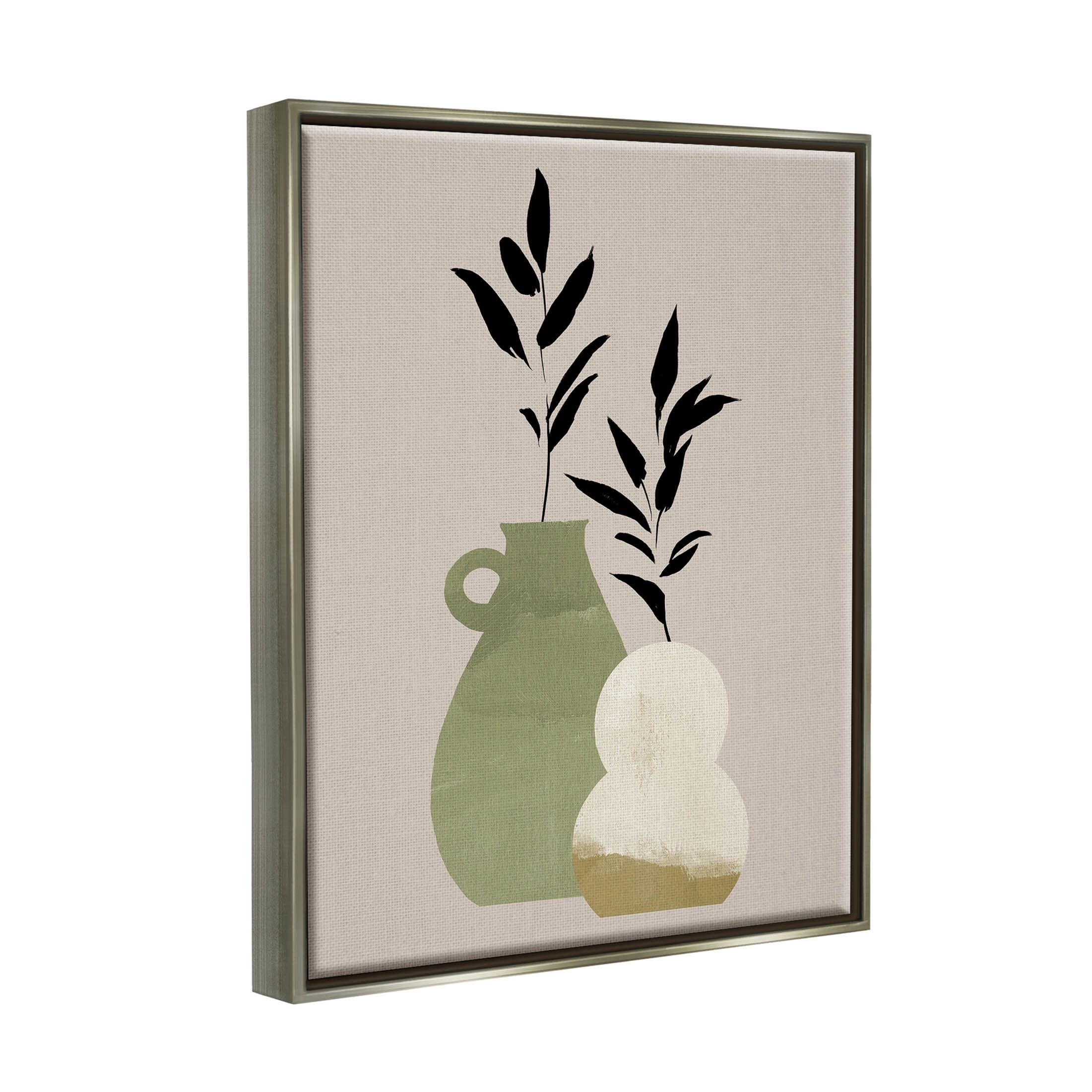 Stupell Industries Modern Plant Vase Leaves Graphic Art Luster Gray Floating Framed Canvas Print Wall Art, Design by Jacob Green