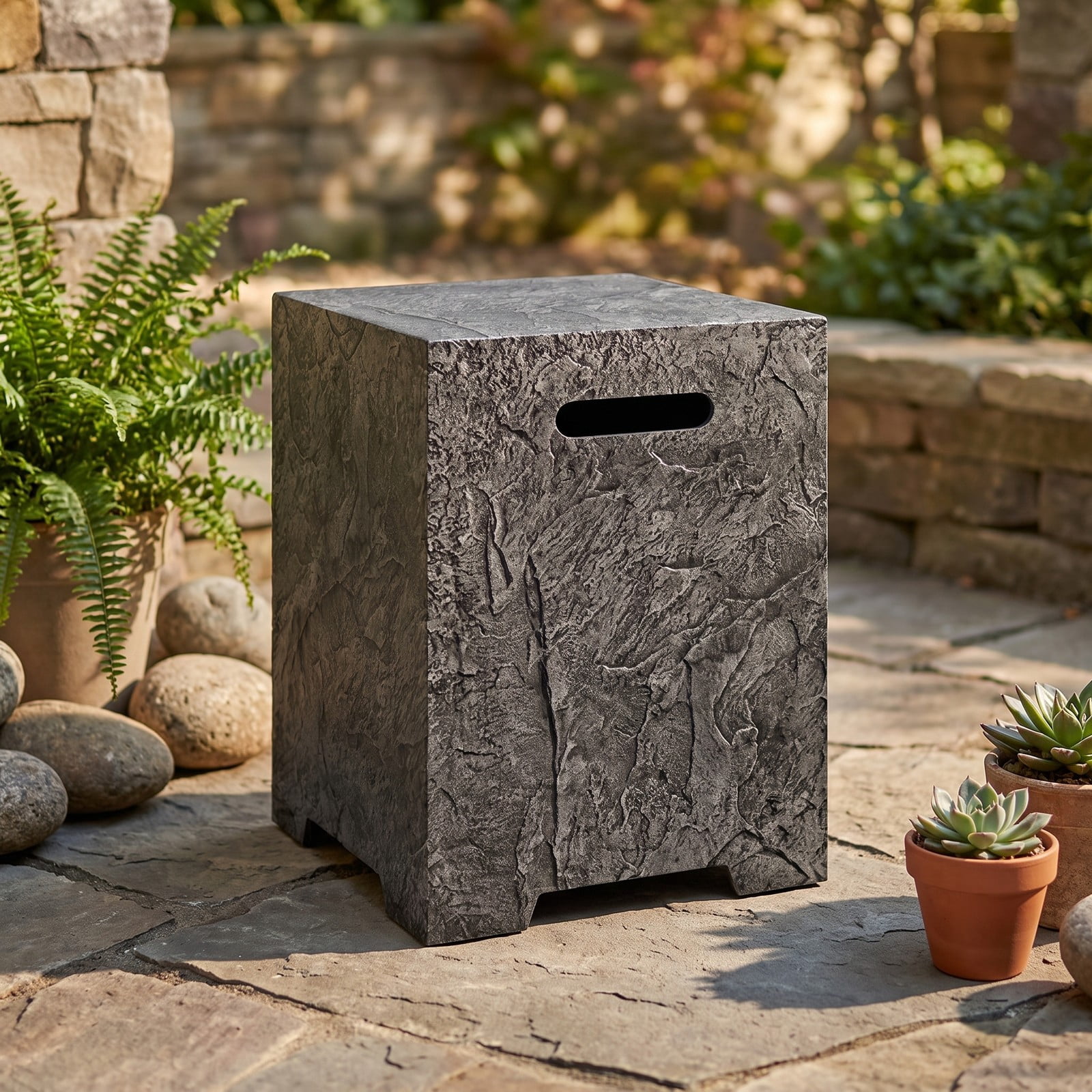 Biotree Propane Tank Cover Table, Outdoor Gas Tank Storage Hideaway Holder with Cut-Out Handles and Rain Cover, Weather-Resistant Side Table for 20 lb Tanks, Gray