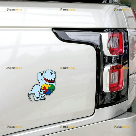 Autism Awareness Dinosaur Kid Child Autistic Heart Puzzle Piece Car Magnet Sticker Magnetic Decal - 2 Pack Reflective 4" 5" - for Truck Door Fridge Reusable Waterproof