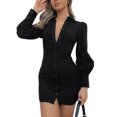 thumbnail image 4 of Seyurigaoka Women’s Solid Color Lapel Pleated Button Long Sleeve Skinny Dress, 4 of 5