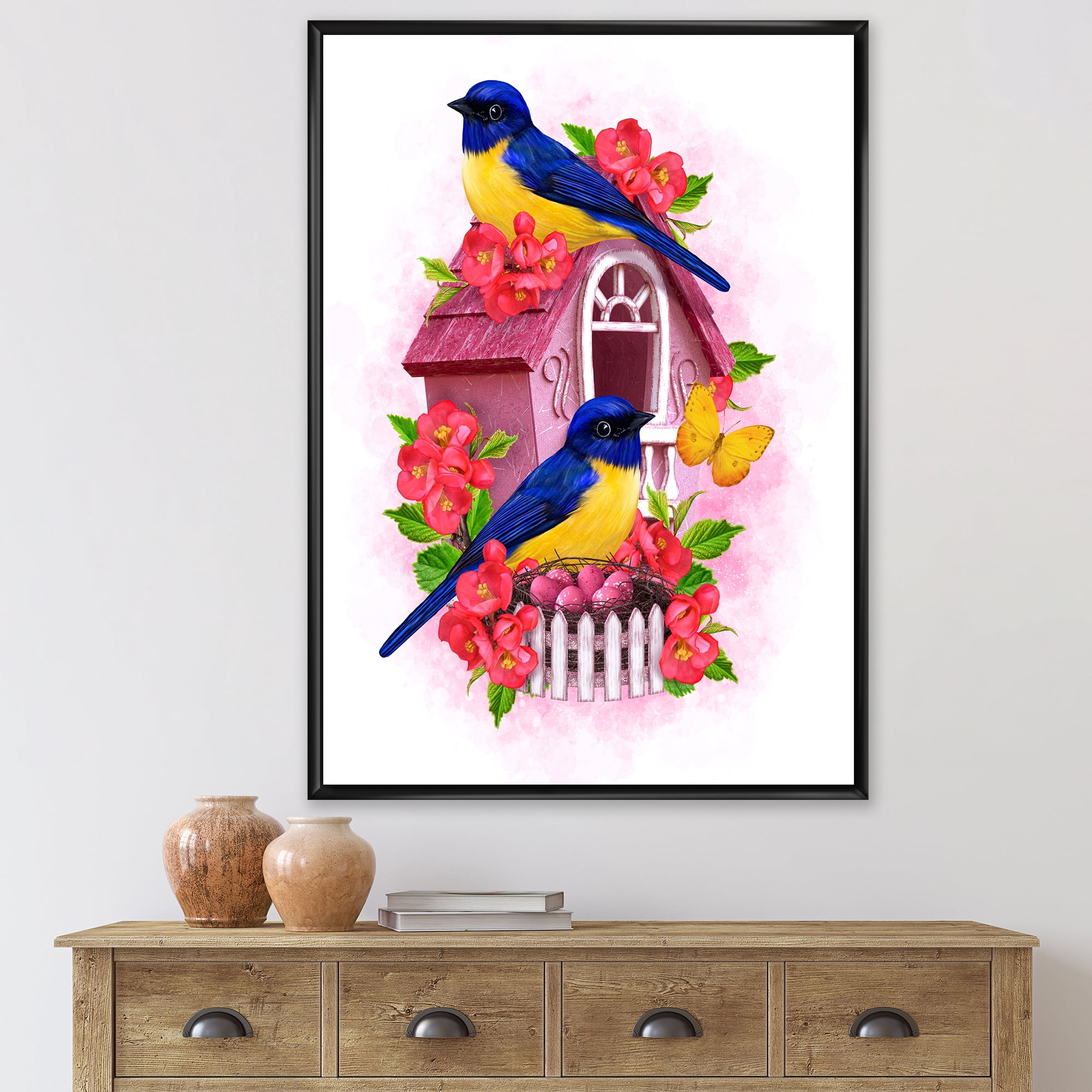 Designart 'Two Yellow and Blue Tit Birds Sitting Near The Nest' Traditional Framed Canvas Wall Art Print