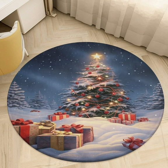 Winter Snowman Christmas Tree Round Area Rugs for Bedroom Living Room, 4FT Soft Indoor Circle Carpets, Carpet Home Decor Floor Mat