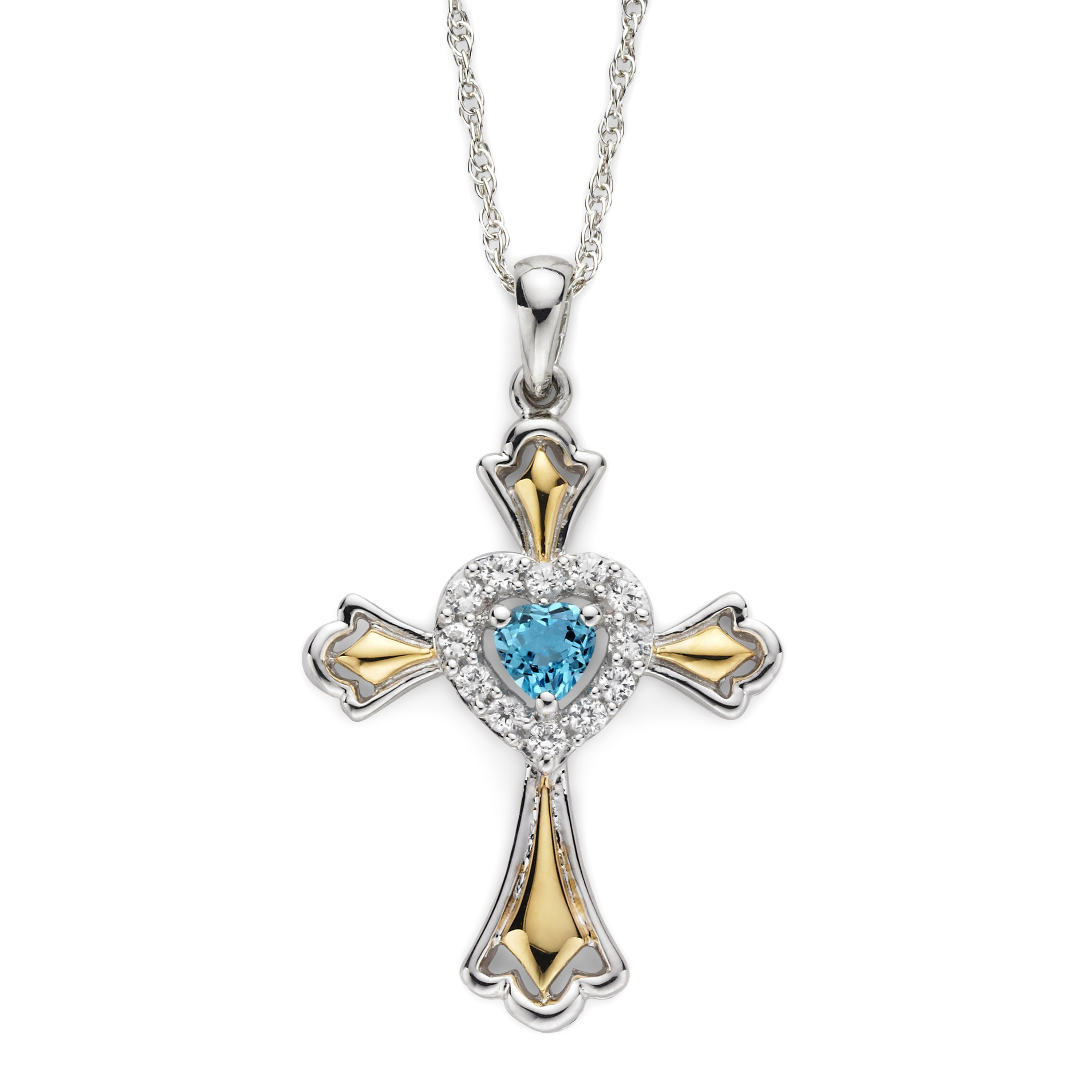 Brilliance 925 Sterling Silver with 14KY Gold Plated Genuine Swiss Blue Topaz and Created White Sapphire Cross Pendant with 18" Chain