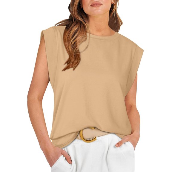 DuoJiaJ Women Summer Top Basic Tee Shirts Casual Tank Loose Fit Cap Sleeve Tops Cropped Tops for Women Beige L