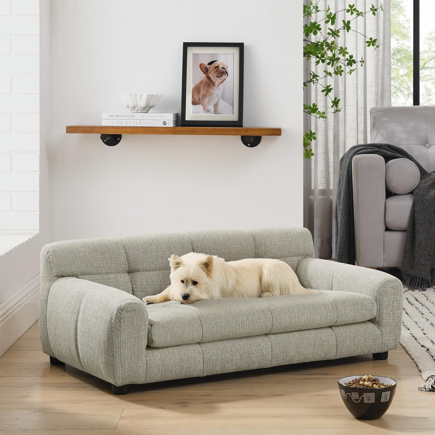 38" Dog Sofa Bed, Elevated Dog Bed with Backrest and Armrests, Soft Memory Foam Couches for Small and Medium-Sized Pets, Durable Linen Pet Couch Furniture, Beige