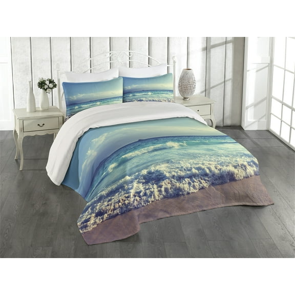 Ambesonne Tree Quilted Coverlet 3 Pcs, Ocean Seychelles, King Size, Turquoise Sky Blue Umber