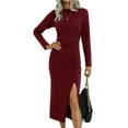 thumbnail image 3 of Xuanfei Women Round Neck Solid Color Side Split Long Sleeve Midi Dress, 3 of 4