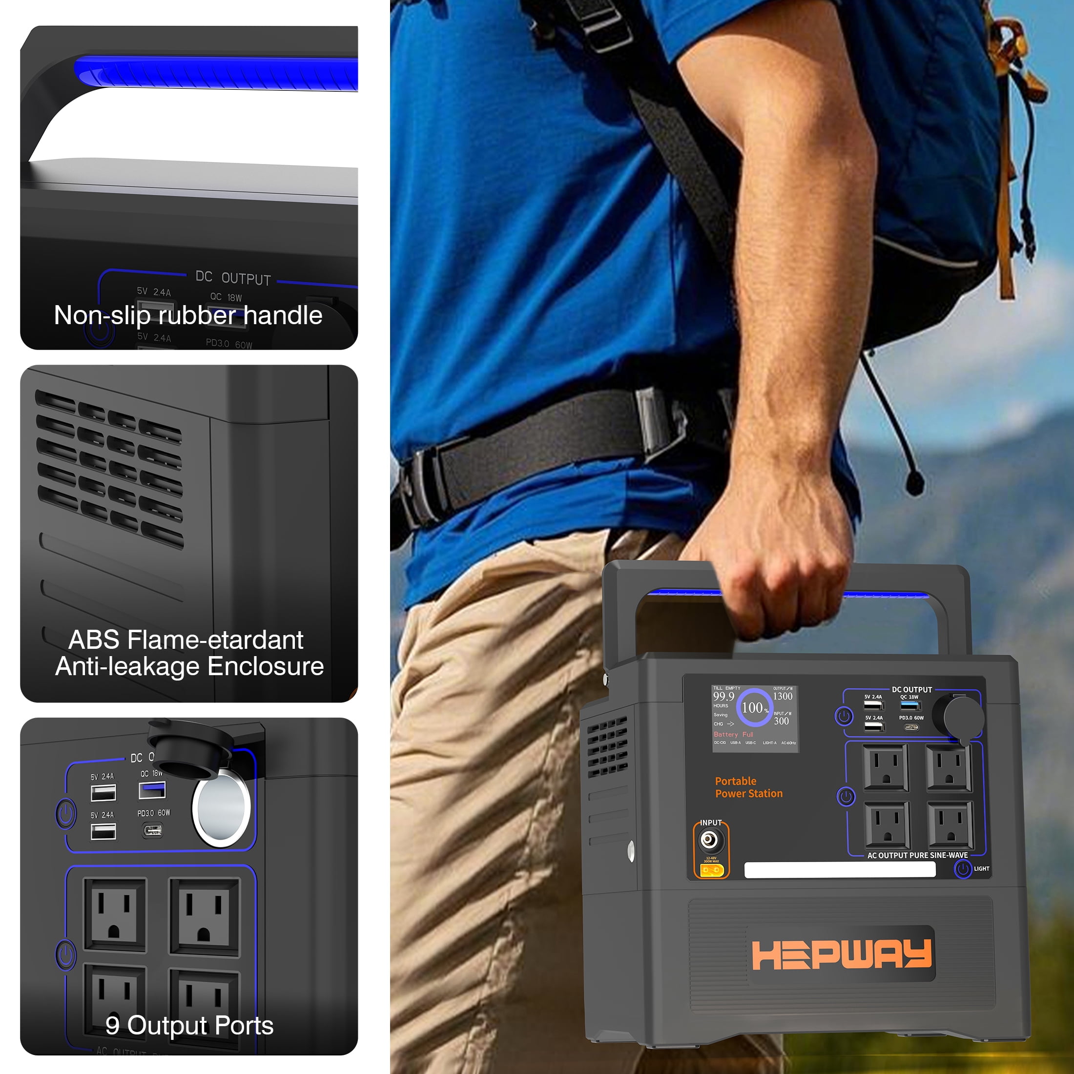 HEPWAY Portable Power Station 2400W Peak, 1154Wh Lithium Battery, QC3.0 USB-C 4X120V AC Output 1300W, Support Refrigerator Mode With 4*Cooling Fans Solar Generator For Camping RV Home(No Solar Panel)