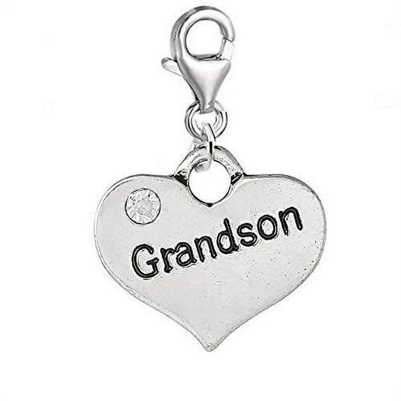 Sexy Sparkles Silver Plated Base Heart 2-Sided with Clear Crystal Stones Grandson Charm Clip-On Pendant with Lobster Clasp - Zinc Metal Alloy, 1 Charm
