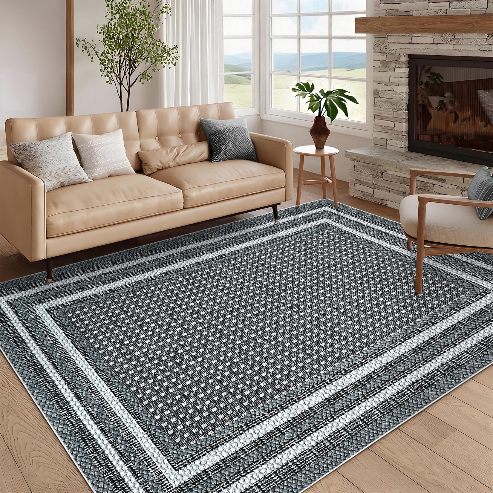 Garvee 9'x12' Bordered Print Area Rug Washable Rugs, Non Slip Modern Geometric Rug Stain Resistant Indoor Carpet for Living Room Bedroom Dining Room, Gray