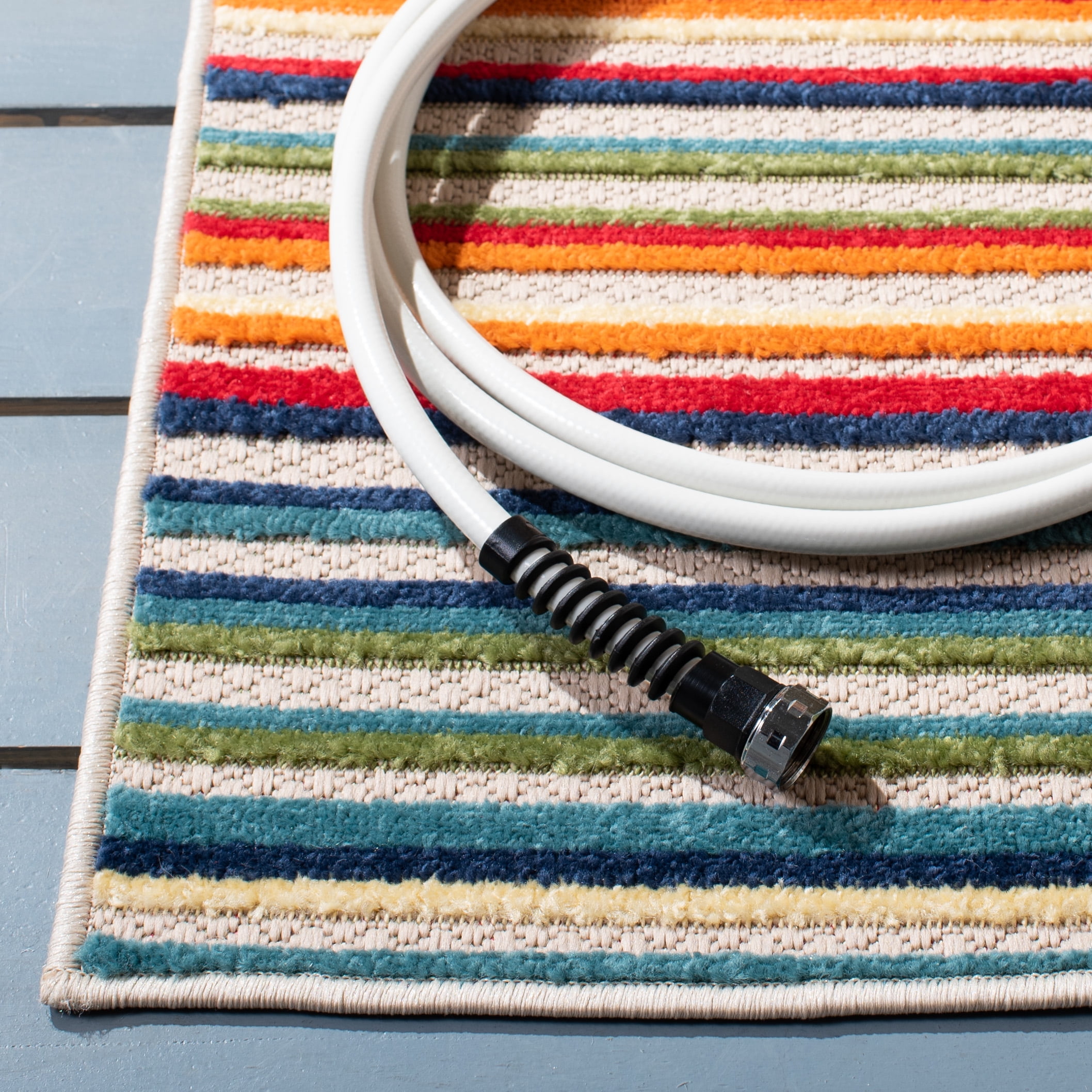 SAFAVIEH Cabana Fedelma Striped Indoor/Outdoor Area Rug, Ivory/Green, 6'7" x 6'7" Square