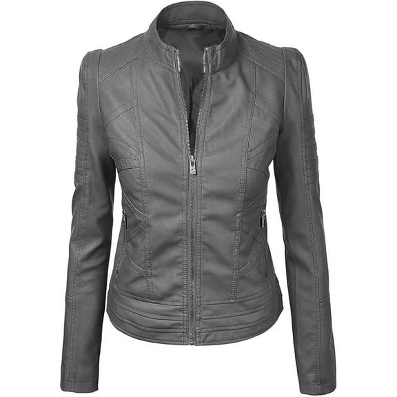 Women's Lambskin Real Leather Stylish Jacket Biker Motorcycle Slim Fit Gray Coat W264