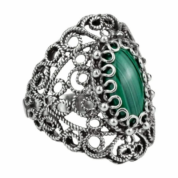 Filigree Art Malachite Gemstone Lace Detailed Women Silver Statement Ring