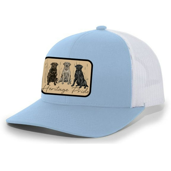 Heritage Pride Canine Collection Three Labs Labrador Retriever Mens Embroidered Mesh Back Trucker Hat, Columbia Blue/White