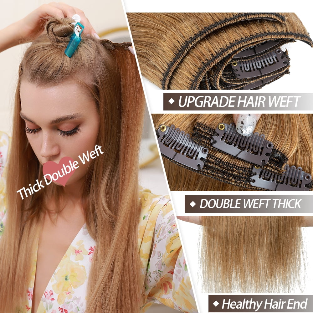 SEGO Human Hair Double Weft Clip In 100% Remy Human Hair Extensions 8PCS 18 Clips Extra Thick Virgin Human Hair Natural Smooth Full Head