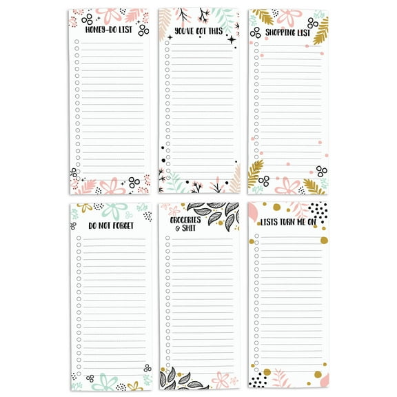Inkdotpot Pack of 6 Funny Magnetic Dry Erase List For Fridge, Wipe Clean w/ NoStain, Quick Notes Shopping & Grocery List Whiteboard for Fridge, 8.75" x 3.8"(Doodle Leaves & Floral)