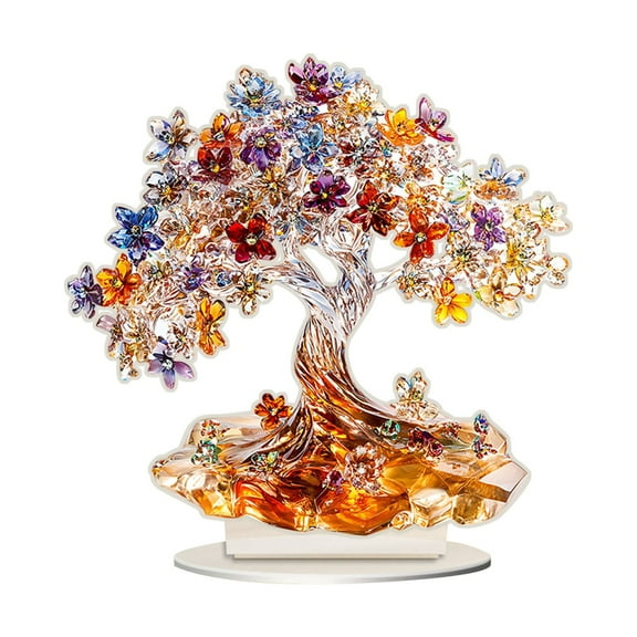 Olilia 8 inch Acrylic 2D Tree of Life for Positive Energy, Good Luck, Money, FengShui Bonsai Tree Gemstone Tree for Home Office Desk Decor, Spiritual Birthday Gift for Women
