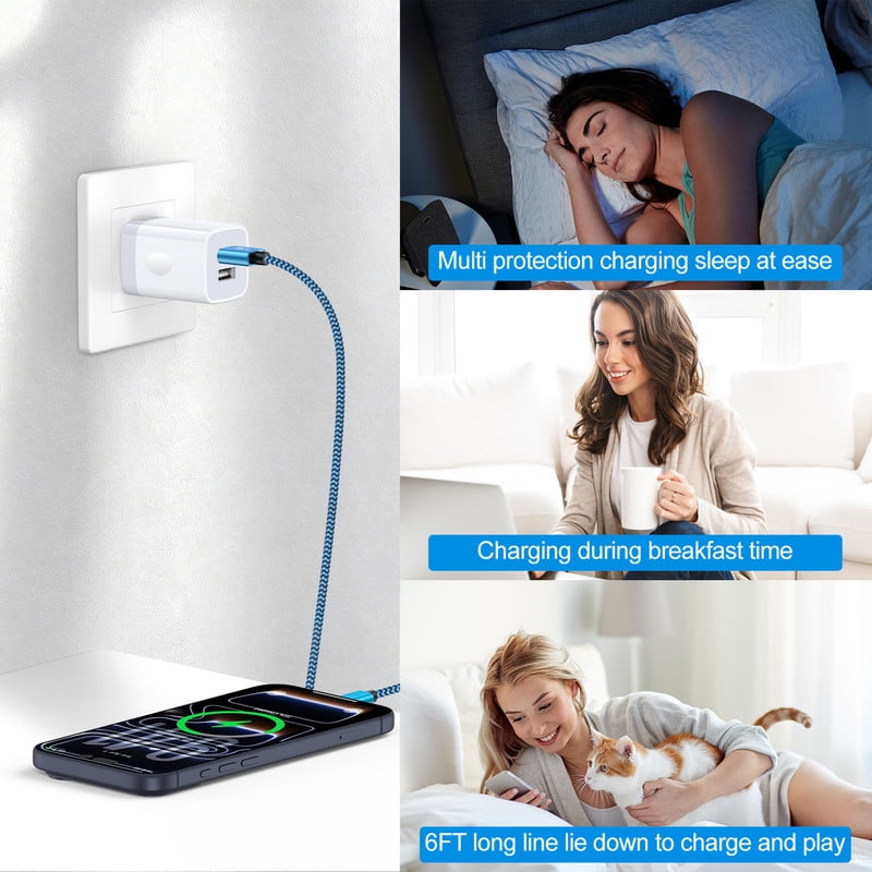 Foldable Plug Dual USB Port Wall Charger Block 2.4A with 6FT Type C Cable, Fast Phone Charger Station Compatible with iPhone 17/16/15 Pro Max, iPad Pro, Galaxy S26, Android, Blue