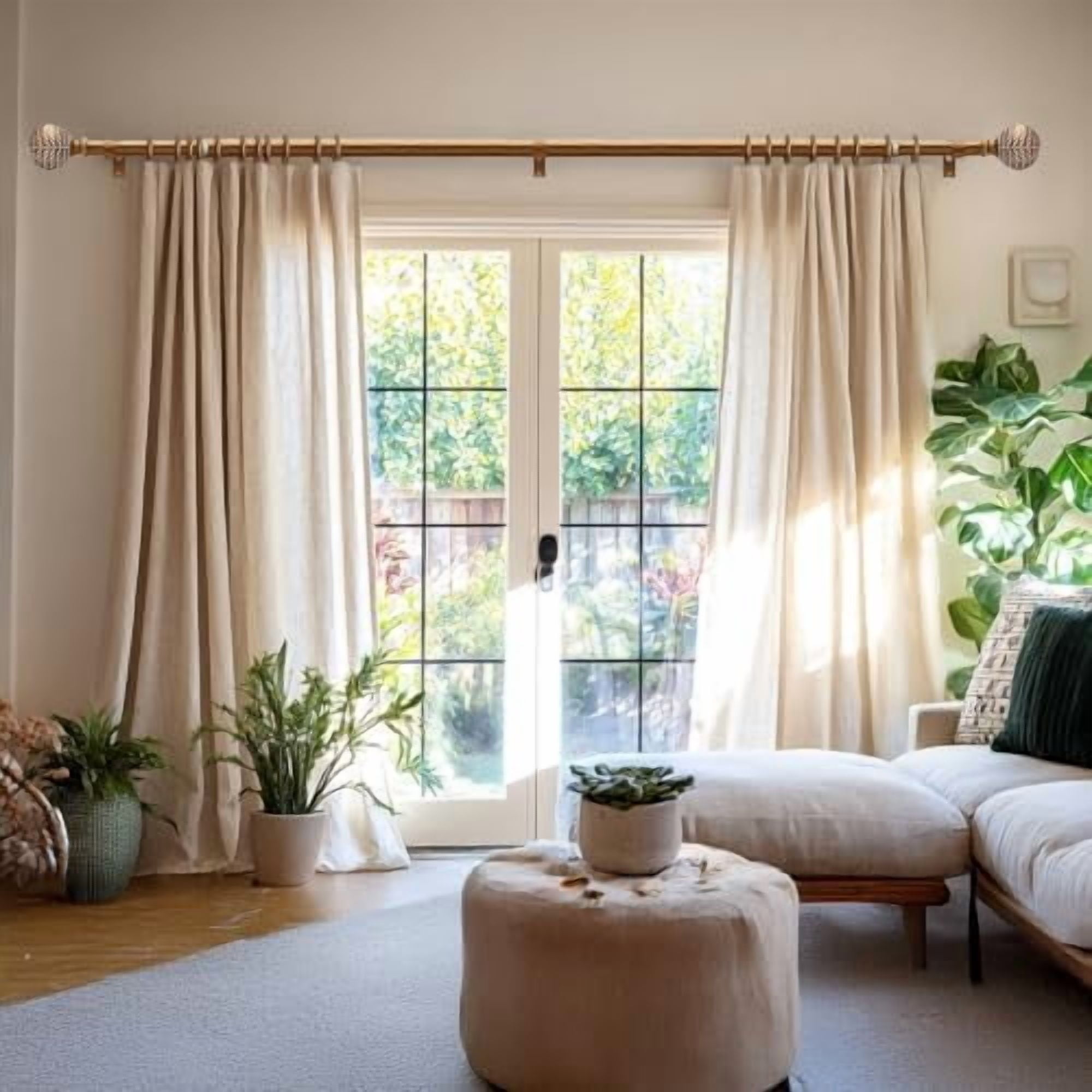 2 Pack Gold Curtain Rods for Windows 48 to 84 Inch,1'' Diameter Drapery Rods with Imitation Wood Grain Leaf Pattern Finials,Boho Adjustable Heavy Duty Curtain Rods Set,36-88'',Antique-Gold Wood
