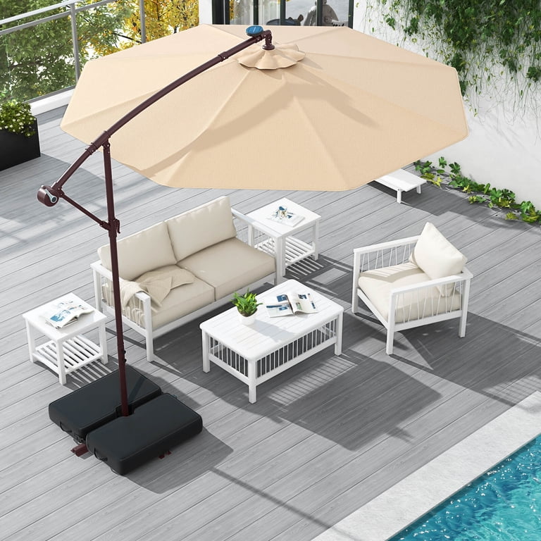 costway 10ft patio umbrella 10 ft Cantilever with 32 Solar LED Lights and 220 LBS Base-Dark Blue This 10 ft patio solar umbrella with crank and LED lights is perfect for decorating areas around your house to have it accompany your family members.This is 10ft led solar umbrella 10 Feet Offset Hanging Umbrella
