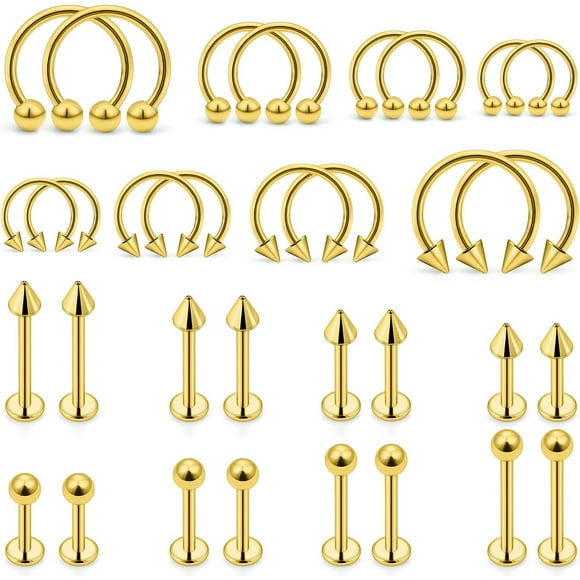32PCS 16G Lip Rings Surgical Steel Snake Bite Jewelry Labret Jewelry Monroe Lip Barbell Ring Daith Tragus Helix Piercing Jewelry for Women Men 6mm/8mm/10mm/12mm 32pcs,16g,ball+spike,goldtone