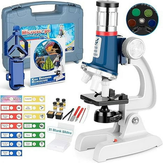 58-pcs Microscope for Kids, 100X-1200X Kids Beginner Microscope with Metal Body Microscope Slides, Carrying Box, LED Light, Science Kits Experiments Toys for Kids age 5-7 8-12 Birthday Gift