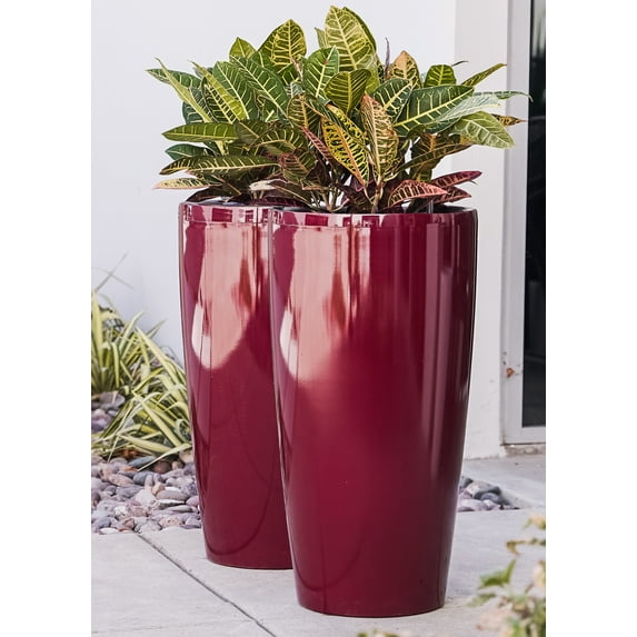 XBrand Nested Plastic Self Watering Indoor Outdoor Tall Round Planter Pot, Set of 2, 29.5 Inch Tall