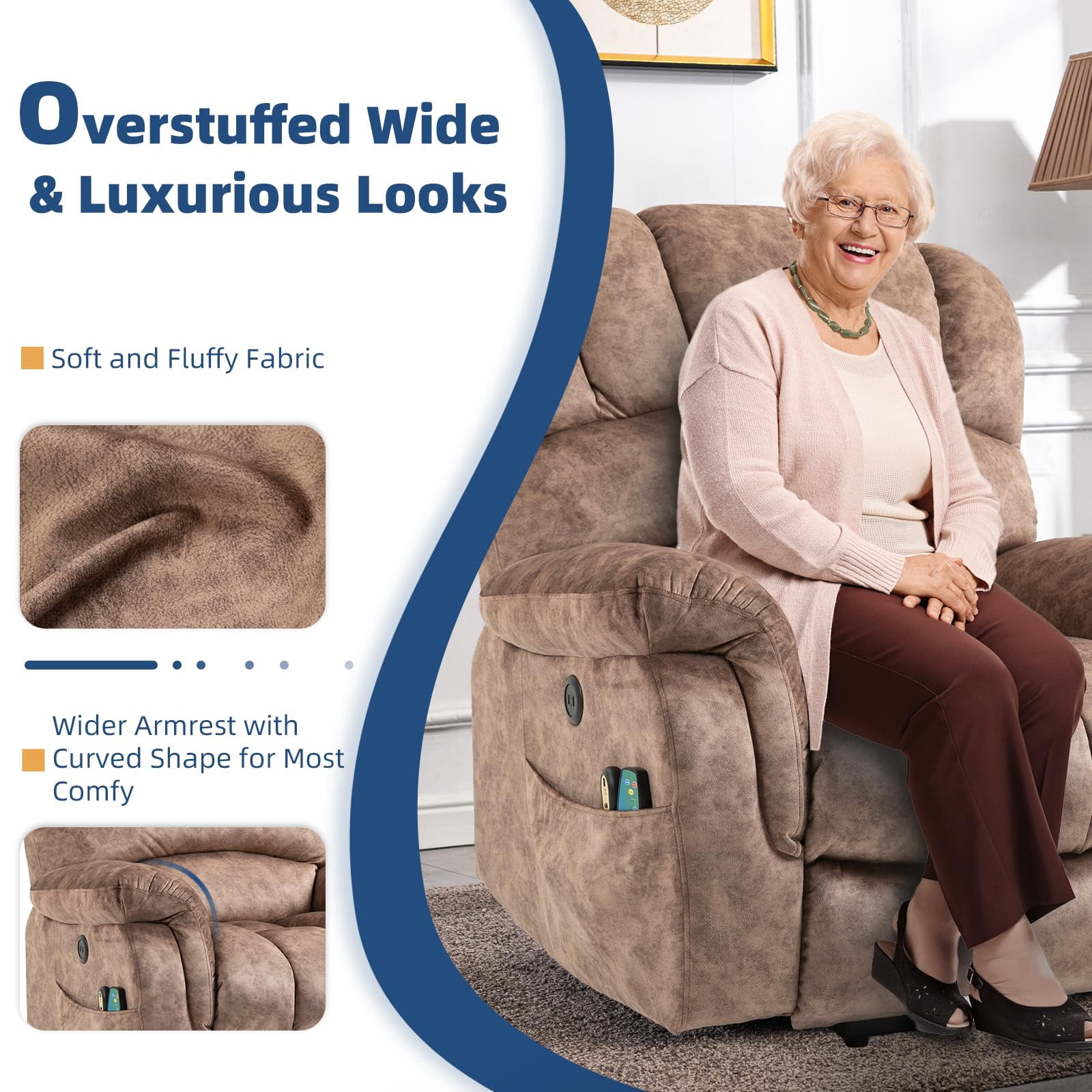 SOCIALCOMFY Large Electric Power Lift Recliner Chair with Extended Footrest for Elderly Big Man, Overstuffed Heated Massage Wide Reclining Sofa with 2 Remote Controls, Side Pockets & USB Ports, Brown