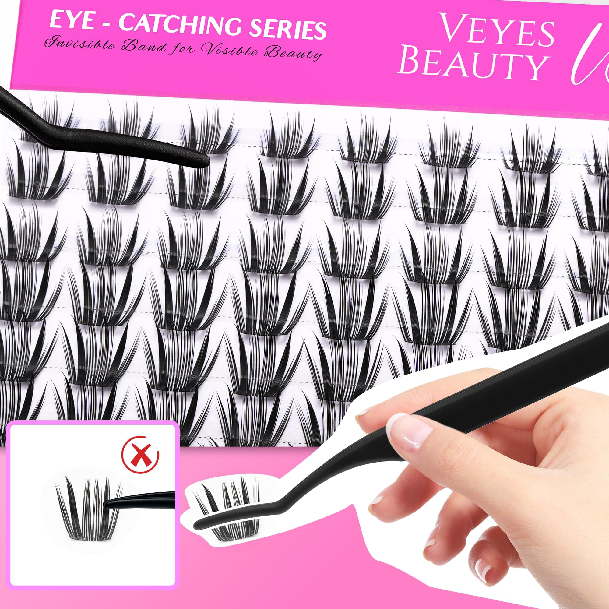VEYESBEAUTY Crown Lash Clusters 112pcs, Bold Structured Individual Lashes with Invisible Band, False Eyelashes Reusable up to 7 Days Lash Tray