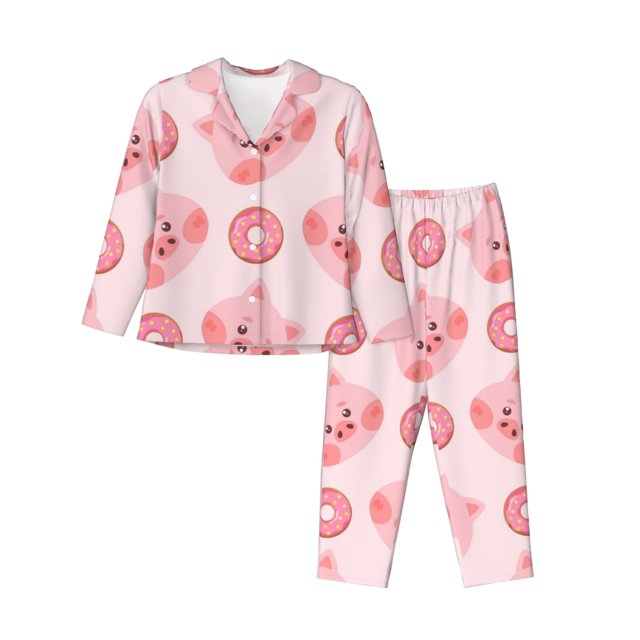 Fotbe Pigs Head And Donuts Conjunto de Pijama de Manga Larga para Mujer con Estampado, Ropa de Dormir de 2 Piezas, Conjunto de Casa Suave y Cómodo con Bolsillos-Medium