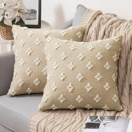 

MIULEE Set of 2 Decorative Throw Pillow Covers Rhombic Jacquard Pillowcase Soft Square Cushion Case for Couch Sofa Bed Bedroom Living Room 16x16 Inch Tan