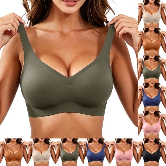 Seamless Wireless Bras for Women,Plus Size Deep V Neck Wide Strap Soft Support Comfort Sleep Bra Invisible Everyday Lingerie