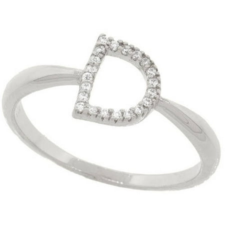 - 18kt White Gold-Plated Sterling Silver D Initial Stackable Ring with Crystal Swarovski