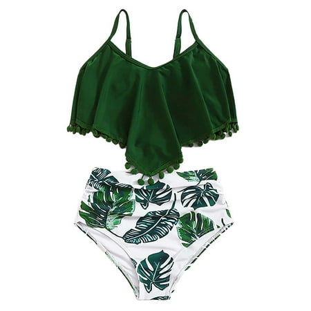 Toimothcn Swimsuit For Girls Sleeveless Casual Hawaiian Floral Printed 2 Piece Bikini Set Quickly Dry Cover Up Swimwear 8-10 Years