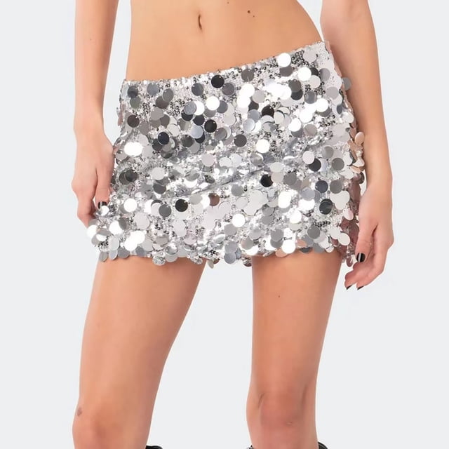 GZWYHT Jupes pour Femmes, Mini Jupe à Sequins Taille Haute Ajustée Décontractée Jupe Courte à Sequins, Jupes d'Été, Robe Argentée, Jupes Taille Haute L